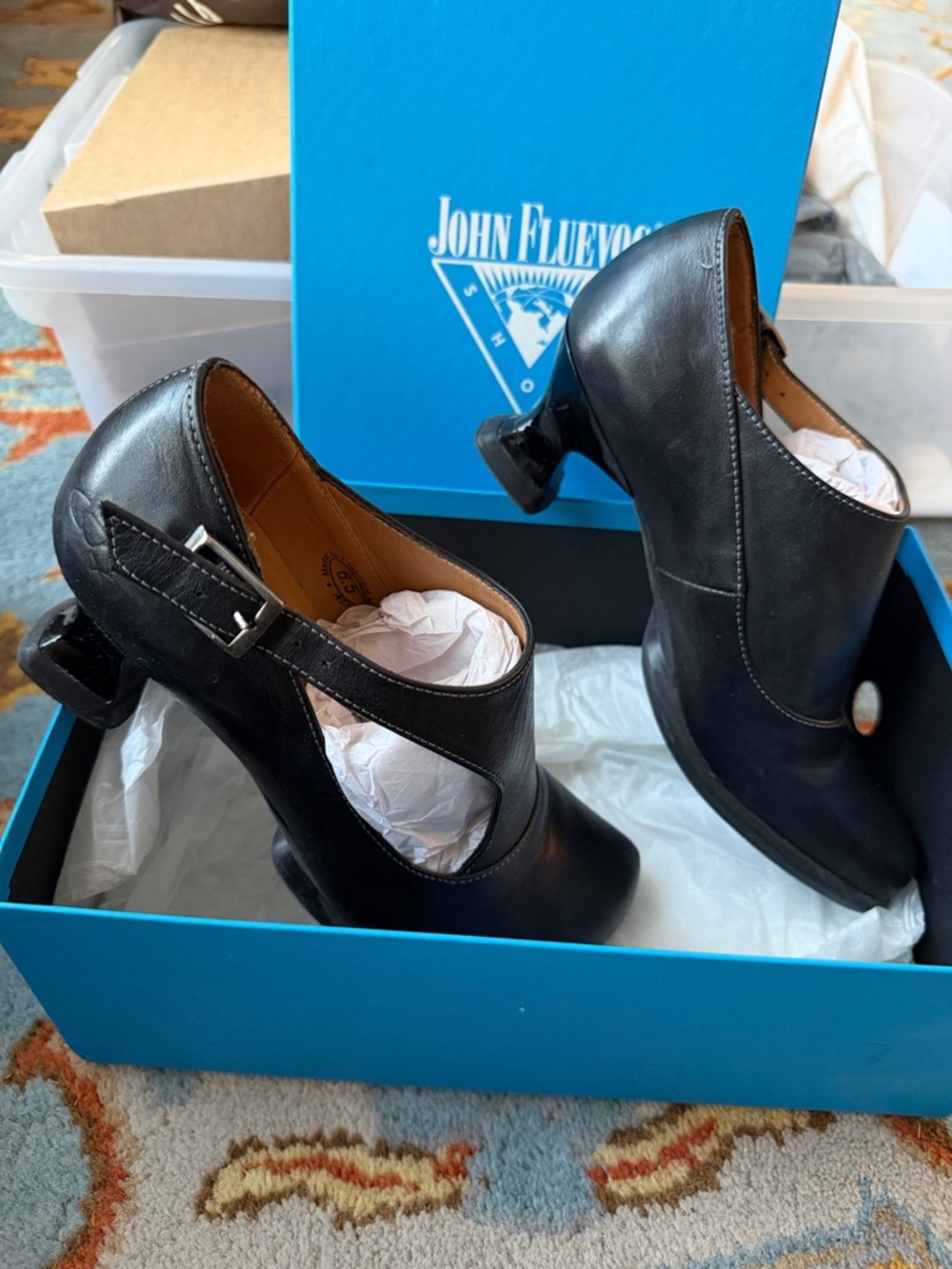 John Fluevog Black Leather Mary Jane Heels with Buckle Strap